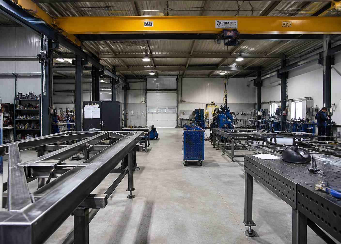 Atelier de fabrication métallique avec postes de soudage et structures acier