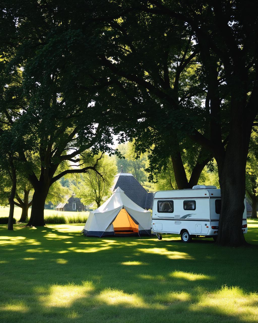 Emplacement de camping ombragé sous les grands chênes