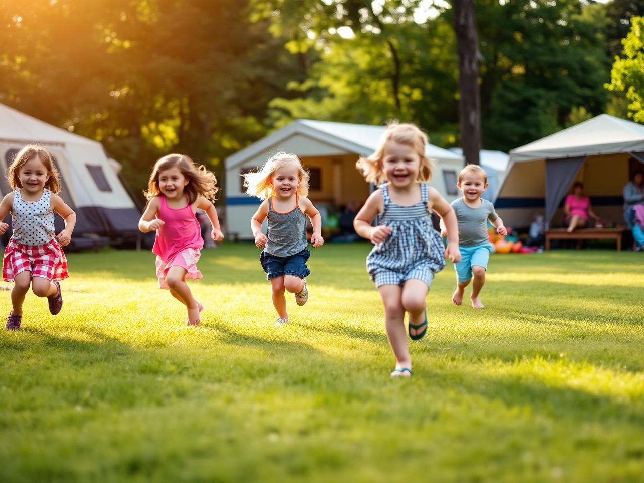 Enfants qui courent sur la pelouse du camping en été