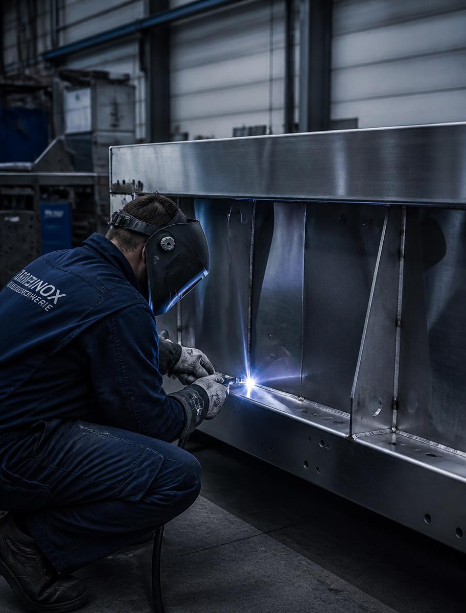 Soudeur assemblant une pièce métallique en atelier de chaudronnerie