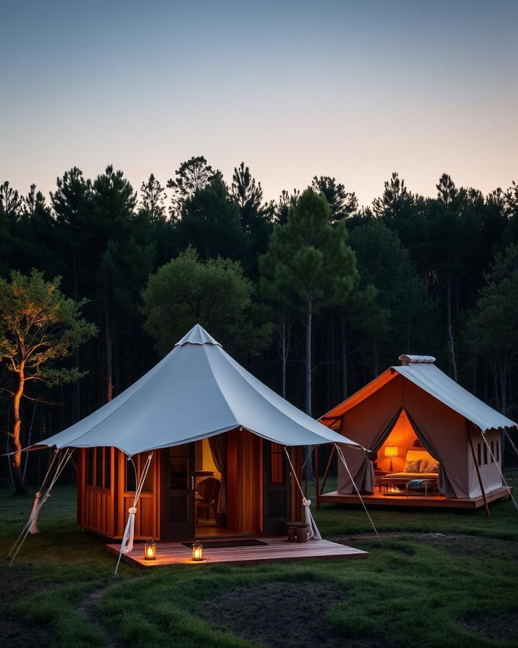 Cabane en bois et tente lodge éclairées à la tombée du jour