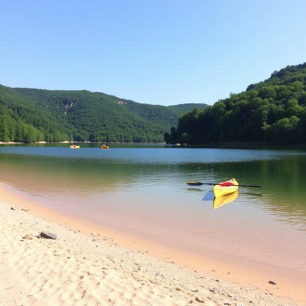 Plage de sable au bord d'une rivière avec canoës