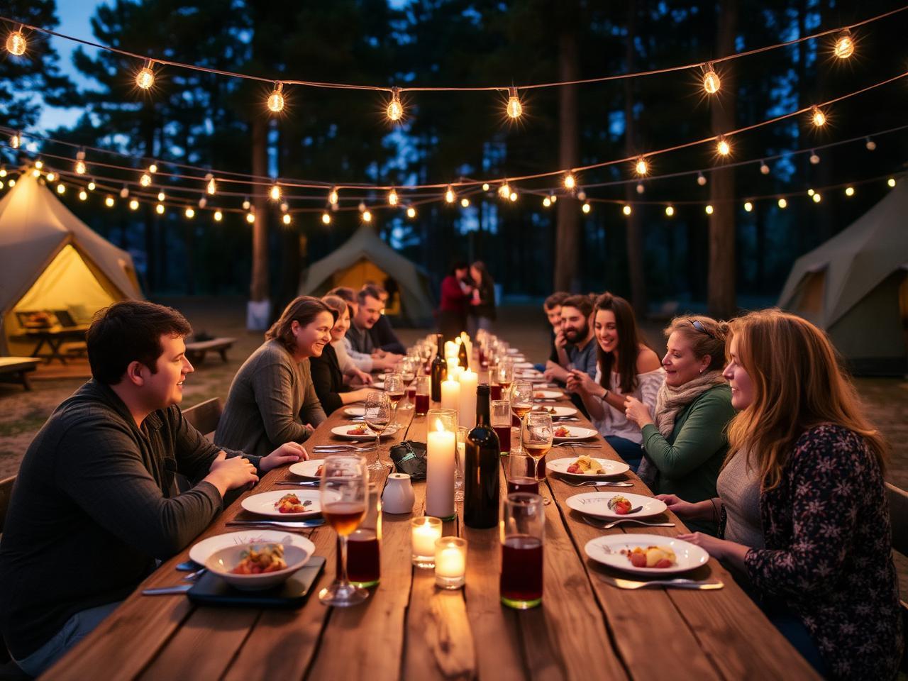 Grande tablée conviviale sous des guirlandes lumineuses au camping