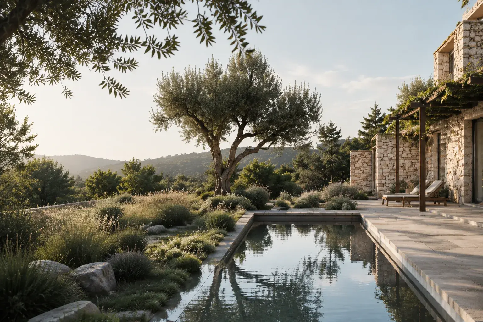 Jardin méditerranéen avec olivier, bassin et maison en pierre