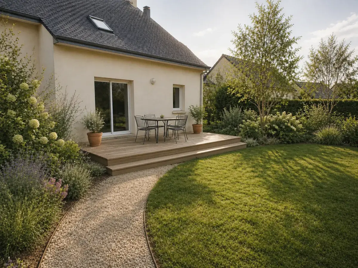 Jardin contemporain et terrasse en bois