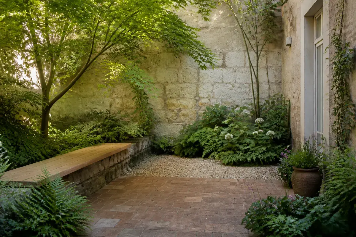 Cour plantée contre un mur ancien en pierre